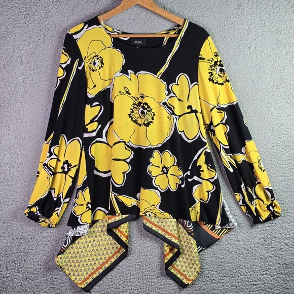 MSK Dopamine Tunic Roomy Yellow Floral Patchwork Jersey High Low Statement Flowy - Picture 16 of 16